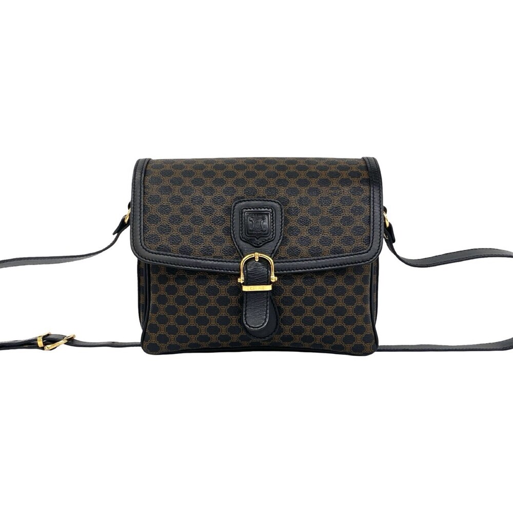 CELINE Vintage Macadam Blazon Pattern Triomphe Leather Shoulder Bag Pouch Bla...